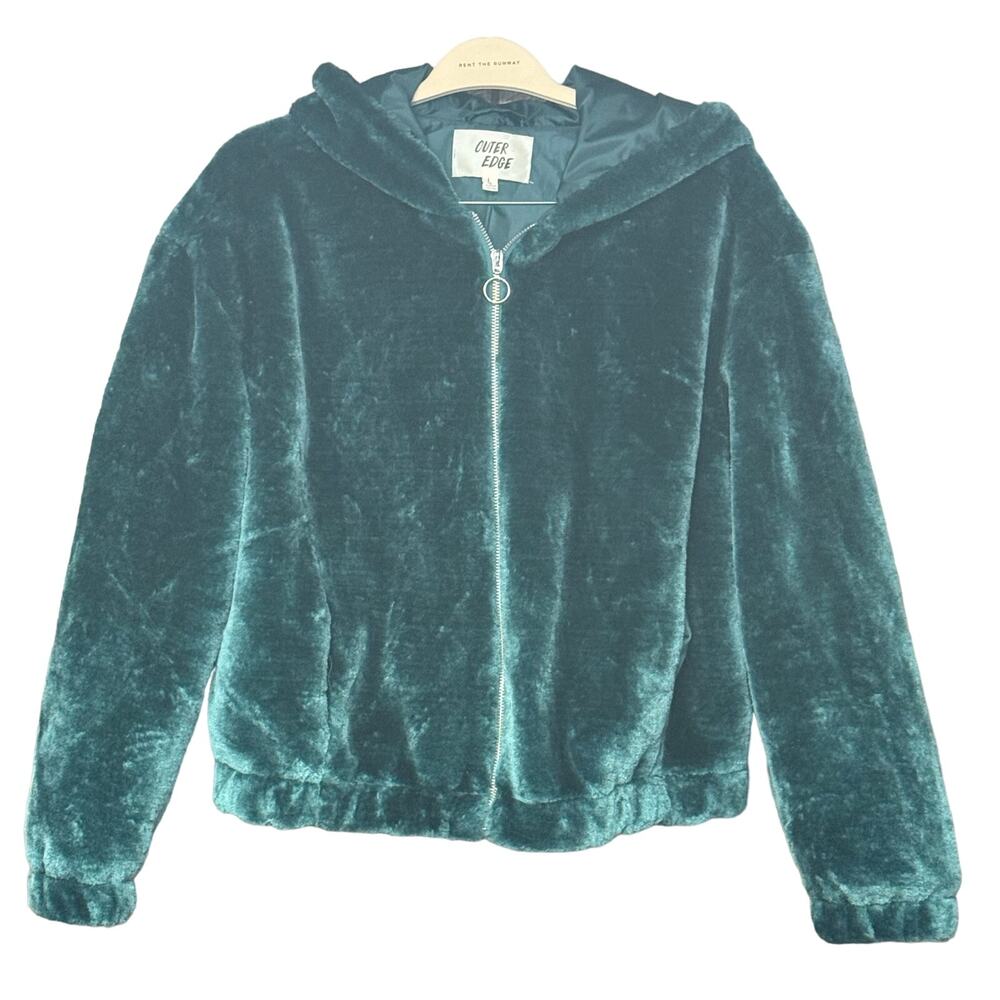 Outer Edge emerald green faux fur coat zip front hooded pockets women’s size L